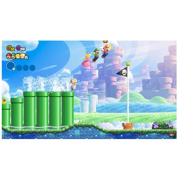 foto de juego super mario wonder, paisaje del juego donde aparecen la bandera y tubos verdes