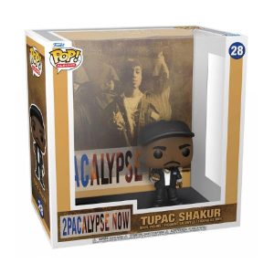 La imagen muestra al Cantante Tupac dentro de una caja acrilica teniendo como fondo la portado del album titulado con el juego de palabras tupacalypse Funko Pop Musica
